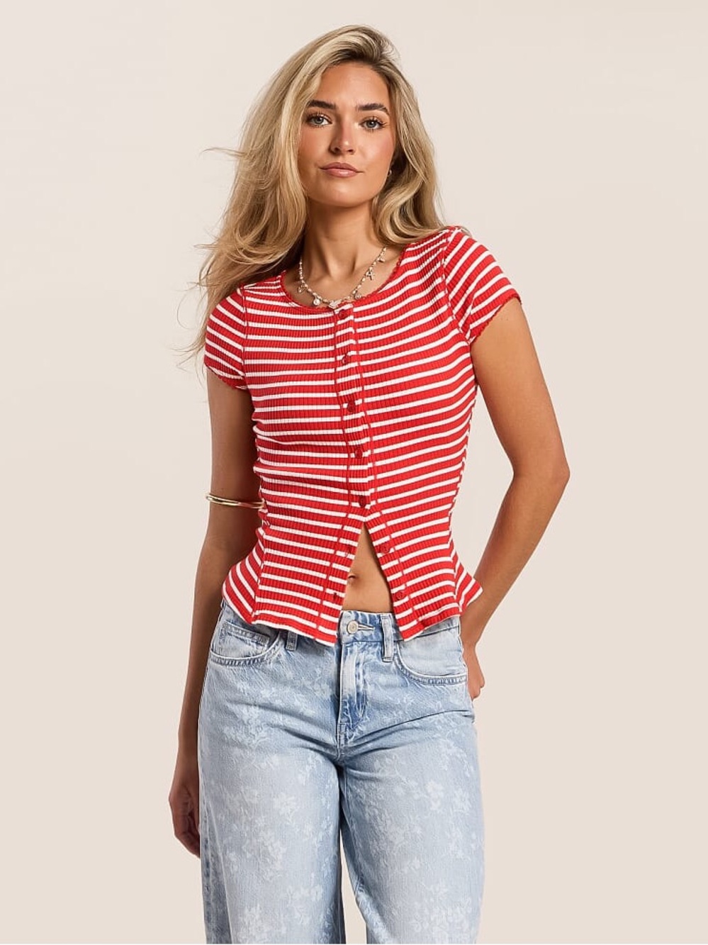 Free People Red and White Striped Short Sleeve Ribbed Button-Front Top - Picture 2 of 4